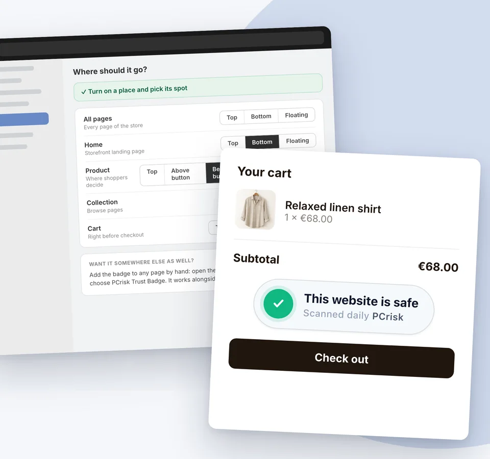 As definições de posição da app: página inicial, páginas de produto, de coleção e de carrinho, cada uma com a sua posição, e o selo acima do botão de finalizar compra num carrinho