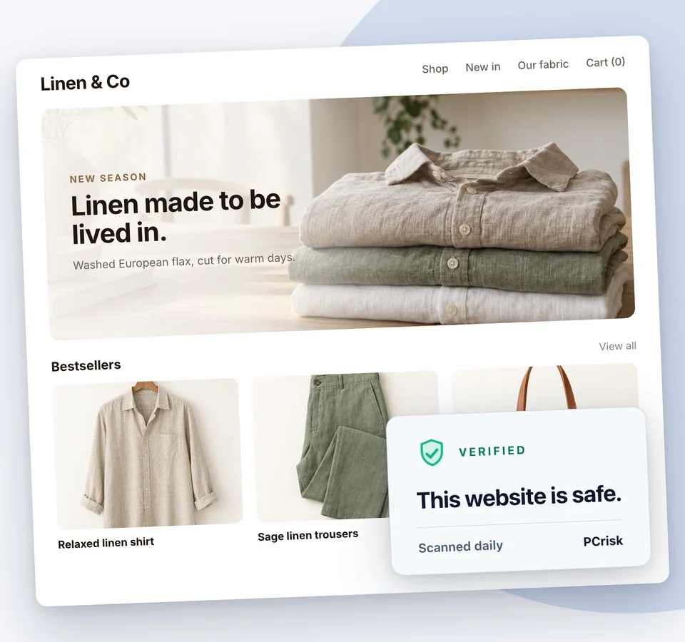 PCrisk Trust Badge a flutuar no canto da página inicial de uma loja Shopify: um selo Verified com o texto This website is safe, scanned daily by PCrisk