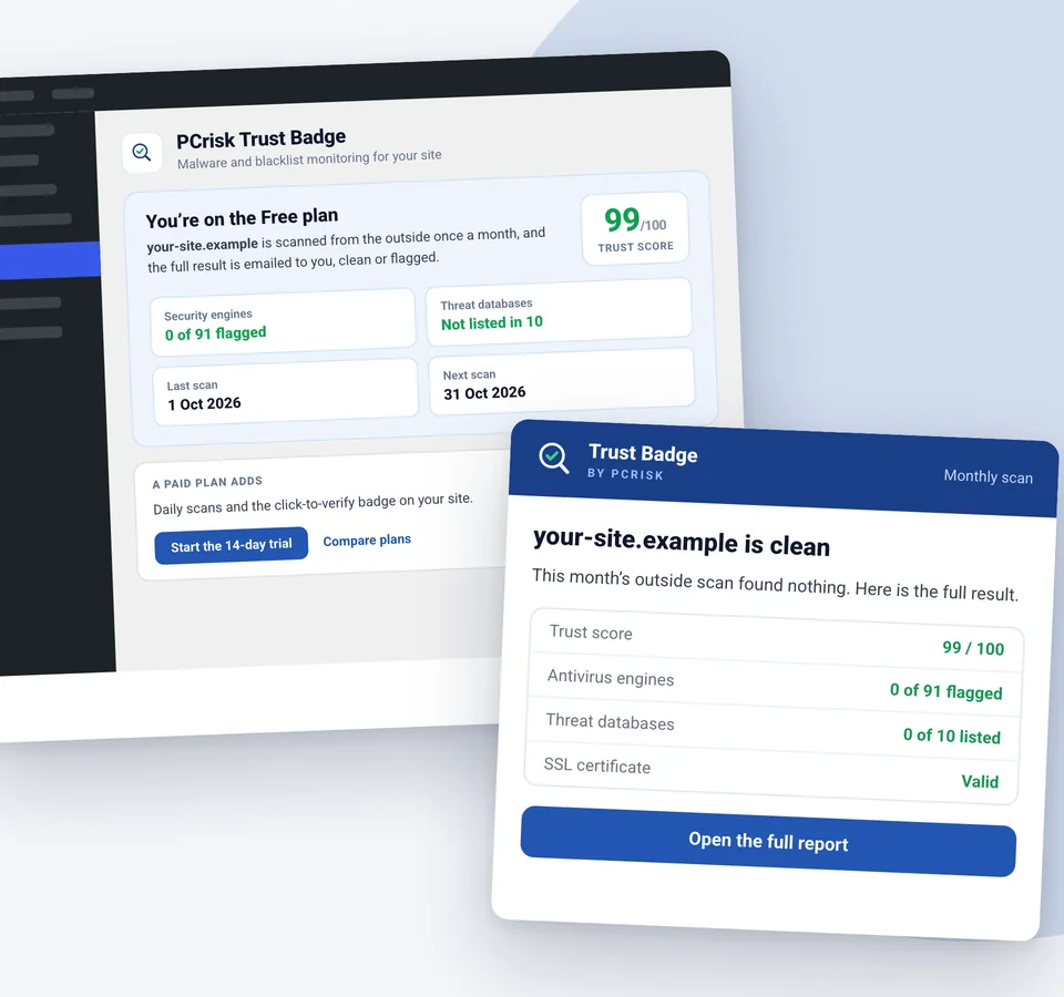 O plugin PCrisk Trust Badge no wp-admin com o plano gratuito: pontuação de confiança 99 em 100, 0 de 91 motores assinalaram o site, ausente das 10 bases de dados de ameaças, e o e-mail mensal com o resultado da análise a indicar que o site está limpo
