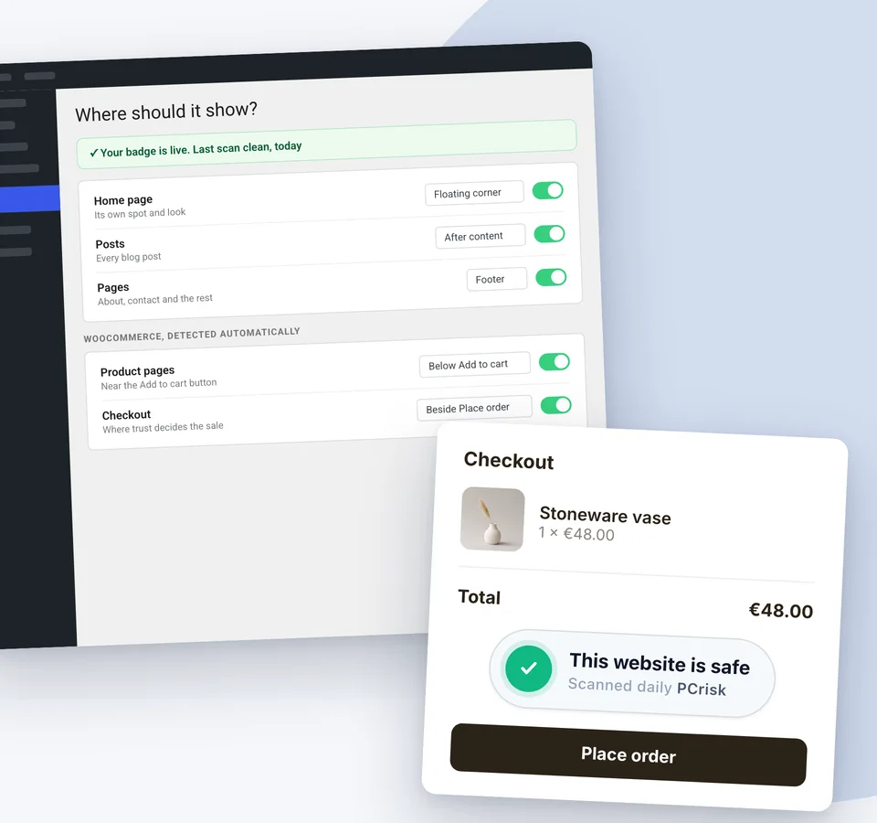 As definições de posicionamento do plugin: página inicial flutuante, artigos após o conteúdo, páginas no rodapé, e posicionamentos WooCommerce para produto e checkout, com o selo acima do botão “Finalizar encomenda” num checkout