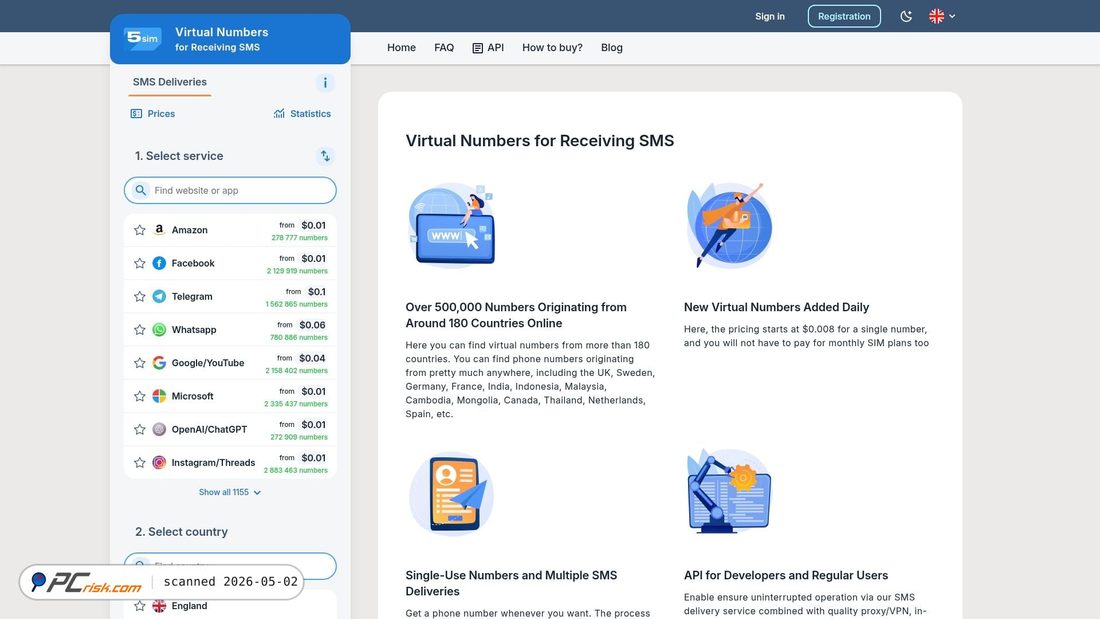 Screenshot von 5sim.com