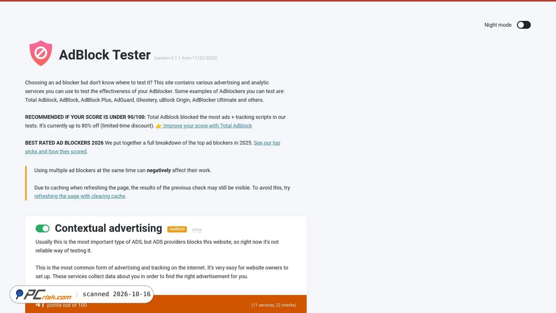 Captura de ecrã de adblock-tester.com