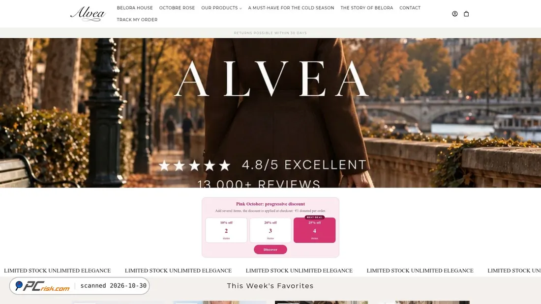 Screenshot di alveahome.shop