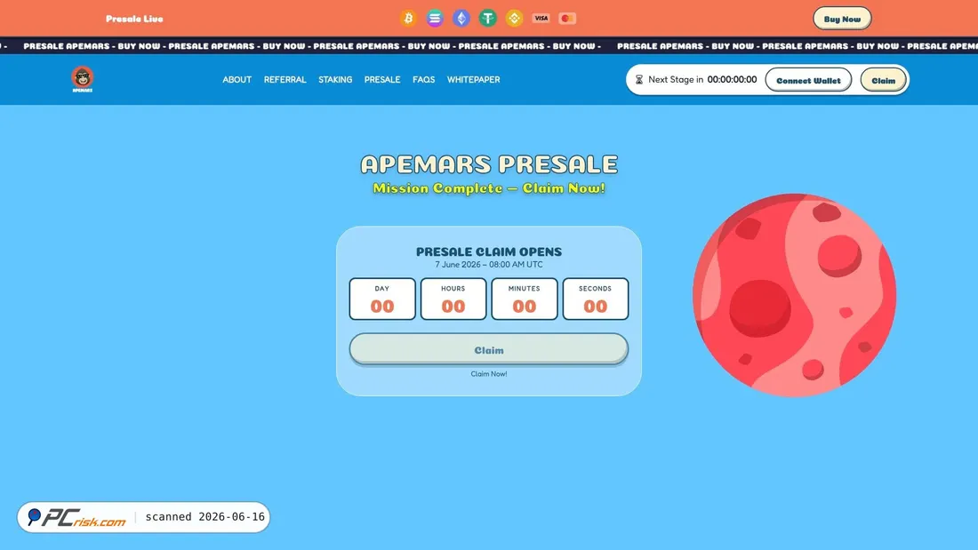 Screenshot of apemars-claim-presale-launch-oees33-aert0ds.pages.dev