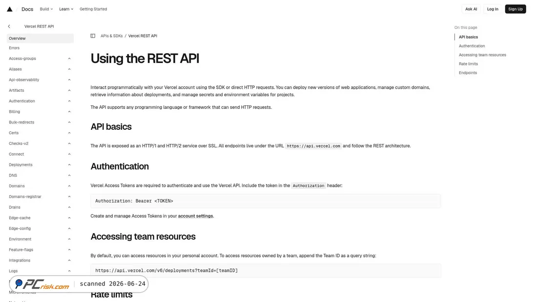 Screenshot di api.vercel.com