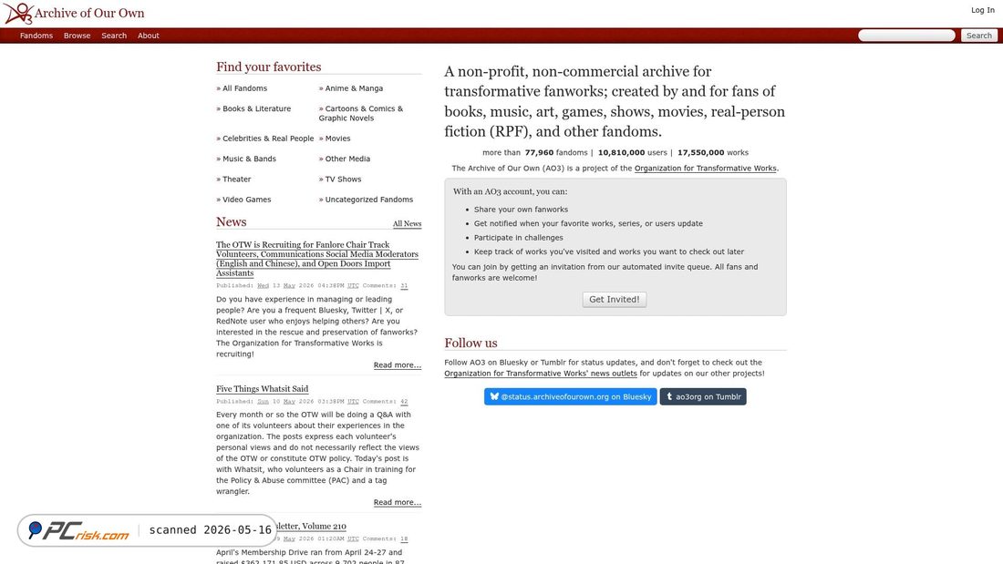 Screenshot of archiveofourown.org