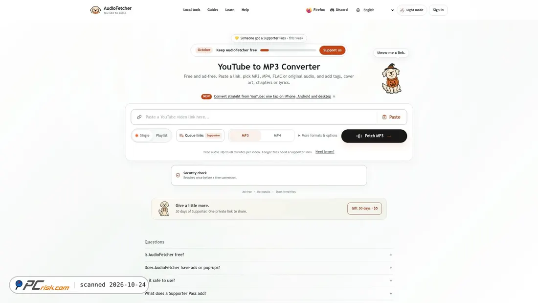 Screenshot di audiofetcher.com