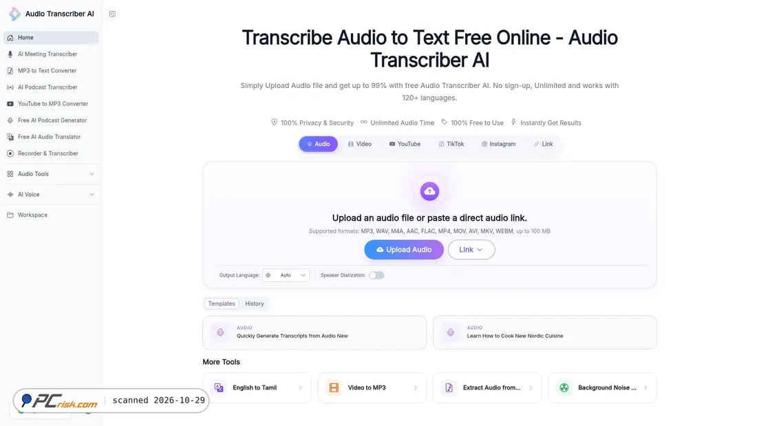 Captura de pantalla de audiotranscriber.io