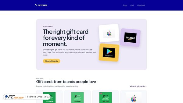 Screenshot van azgiftcards.com