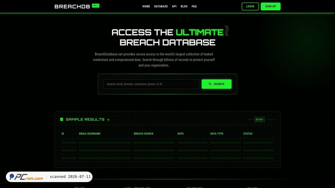 Screenshot of breachdatabase.net