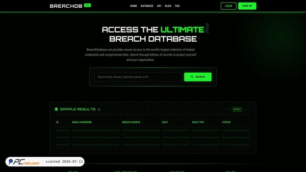 breachdatabase.net screenshot