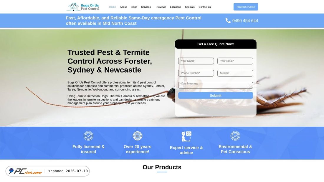Screenshot of bugsoruspestcontrol.com.au
