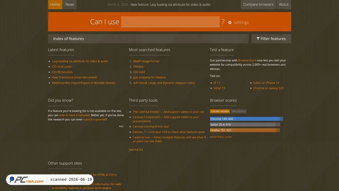 Screenshot van caniuse.com