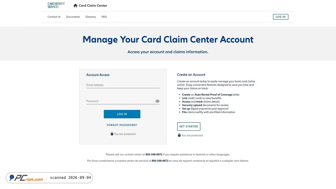 Screenshot von cardclaimcenter.com