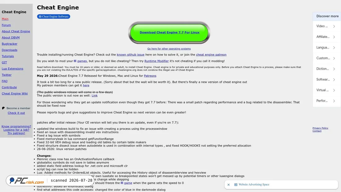 Screenshot of cheatengine.org