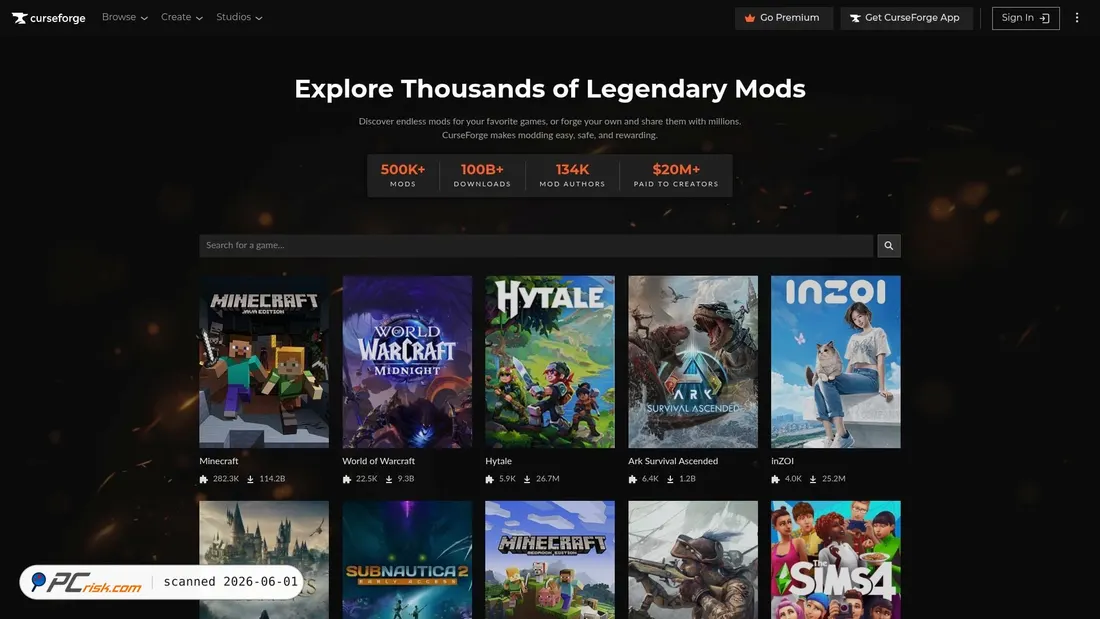 Screenshot of curseforge.com