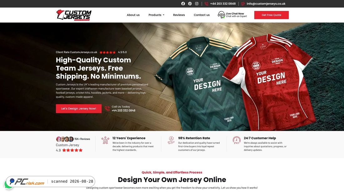 Screenshot di customjerseys.co.uk