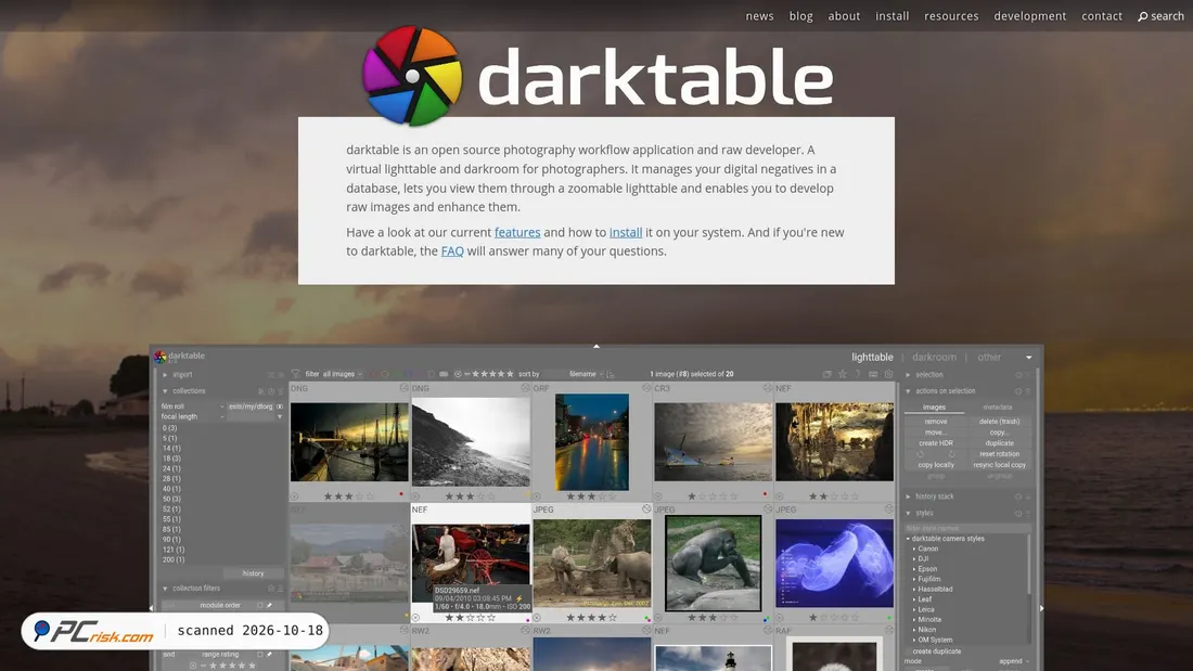 Captura de ecrã de darktable.org