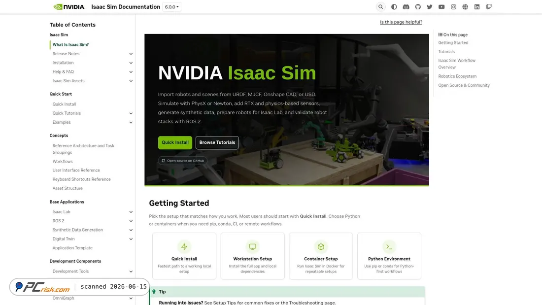 Screenshot of docs.isaacsim.omniverse.nvidia.com