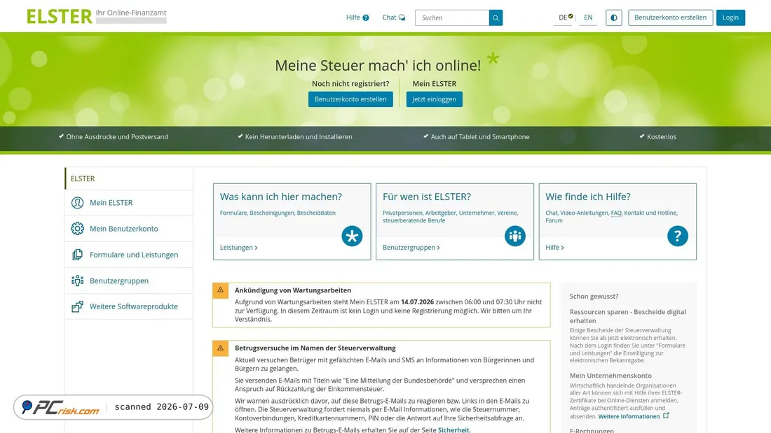Screenshot of elster.de