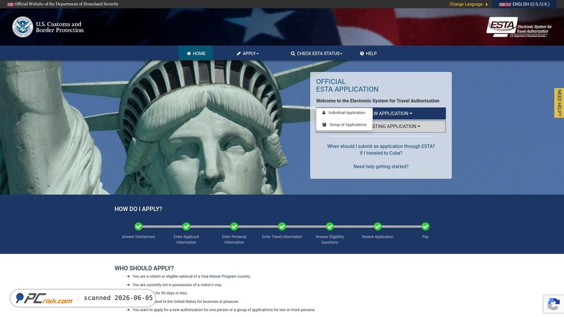 Screenshot of esta.cbp.dhs.gov