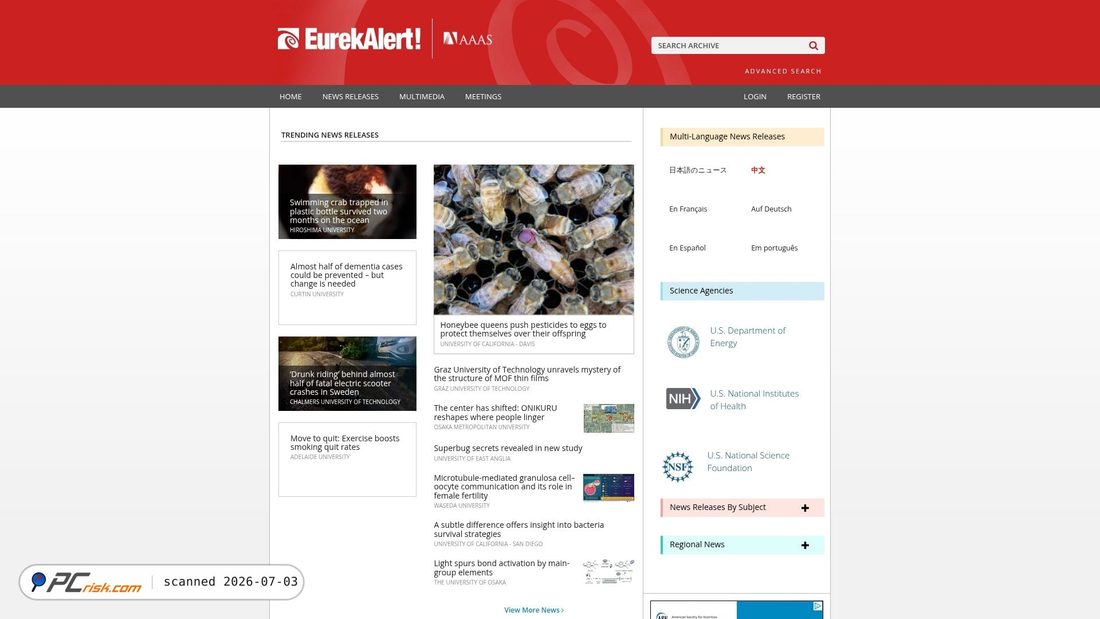 Screenshot of eurekalert.org