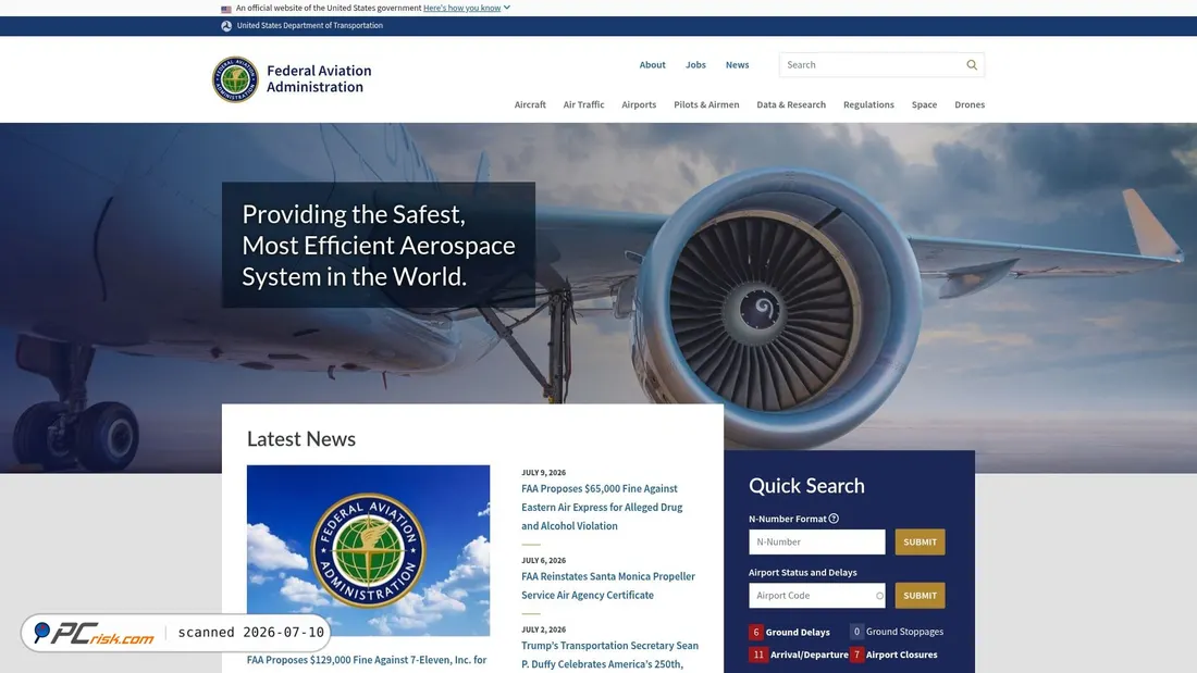 Screenshot of faa.gov