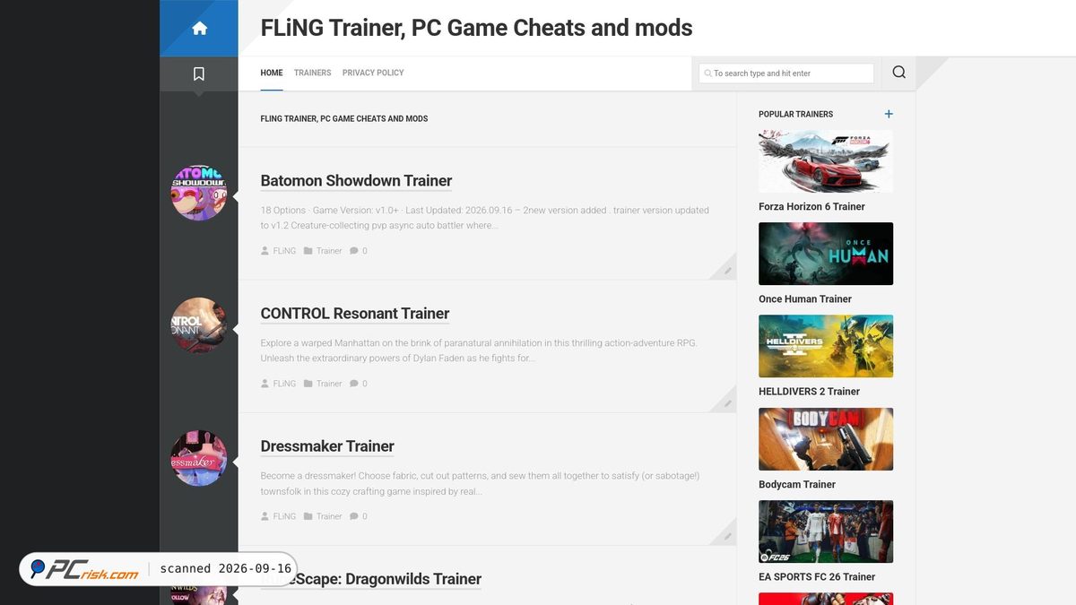 Is flingtrainer.io Safe? Security Scan Report | PCrisk