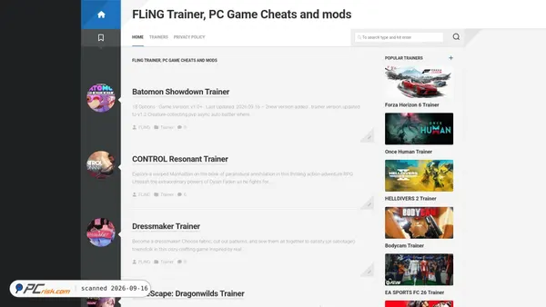 Screenshot van flingtrainer.io