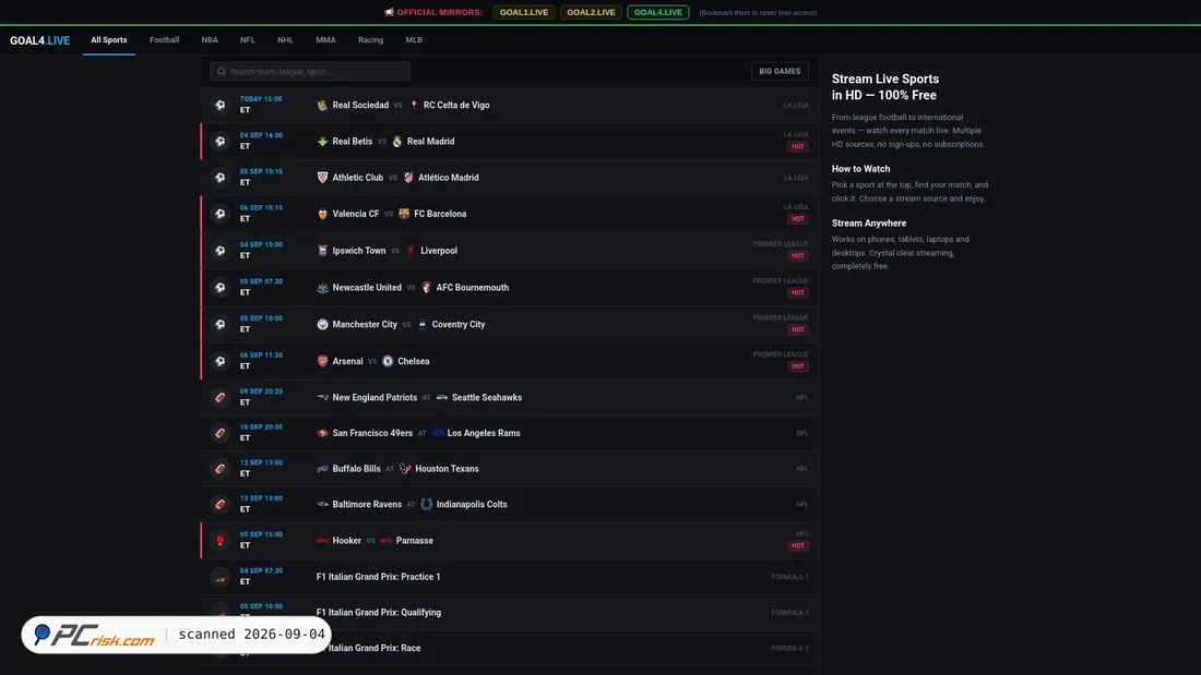 Screenshot di goal1.live