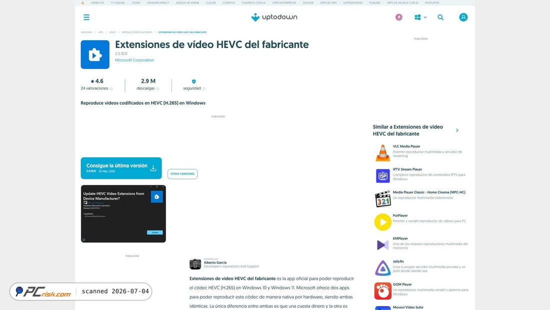 Screenshot von hevc-video-extensions-from-device-manufacturer.uptodown.com