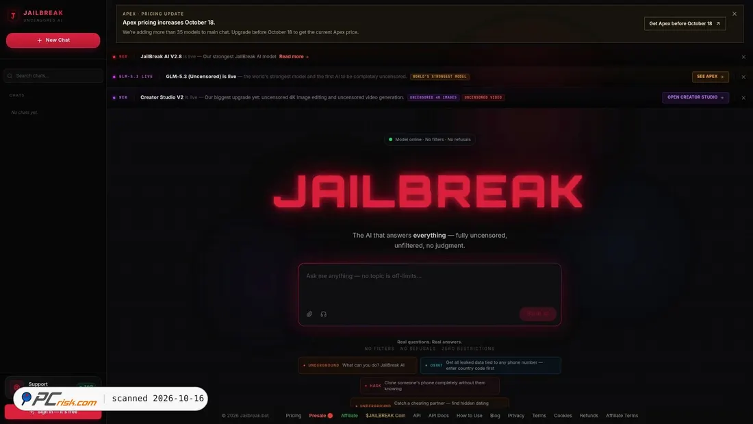 Captura de ecrã de jailbreak.bot