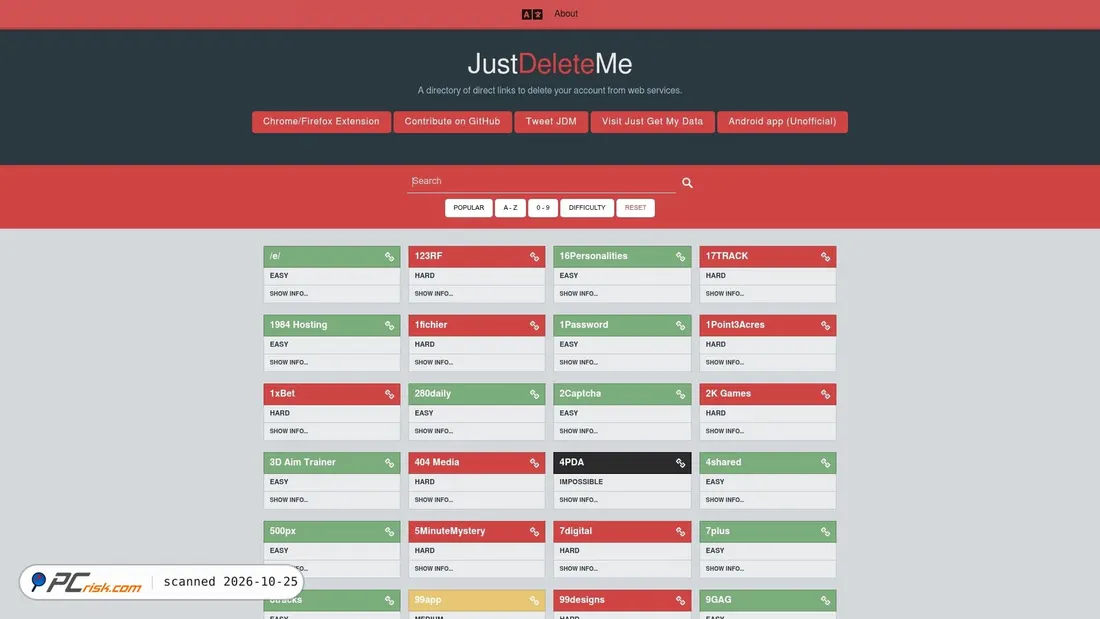 Screenshot von justdeleteme.xyz