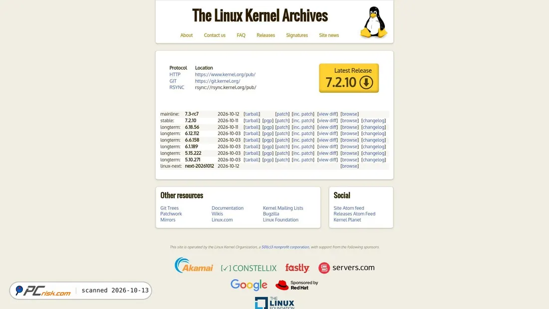 Screenshot van kernel.org