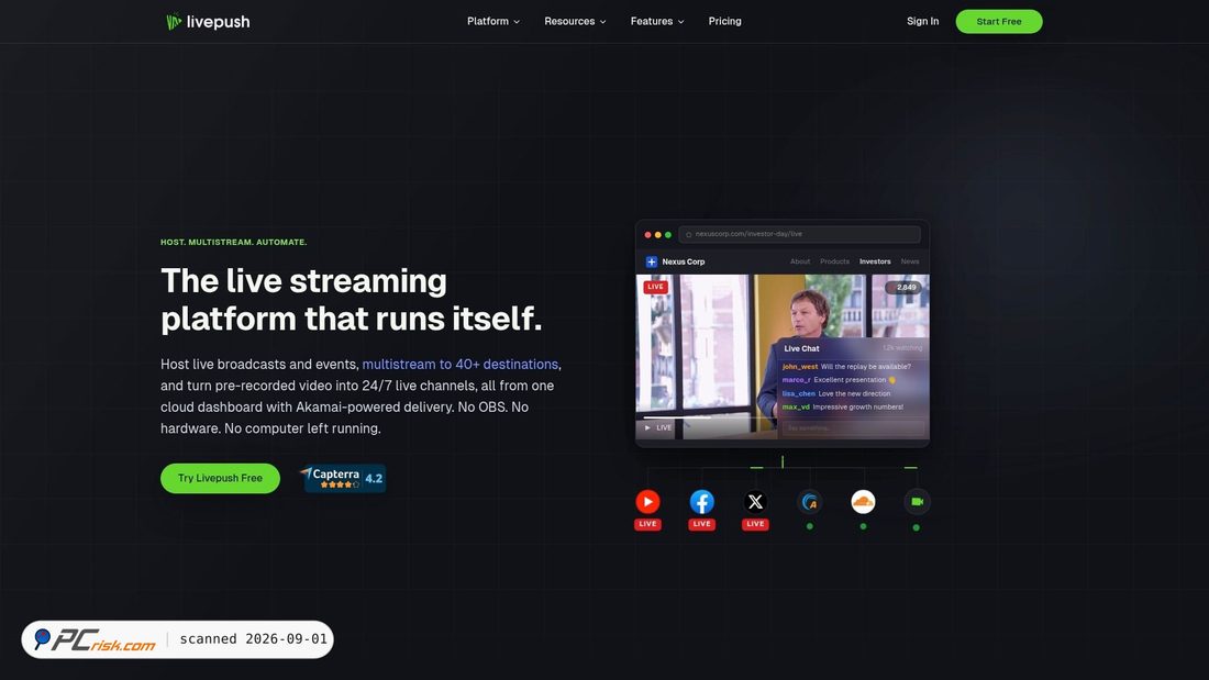 Screenshot van livepush.io