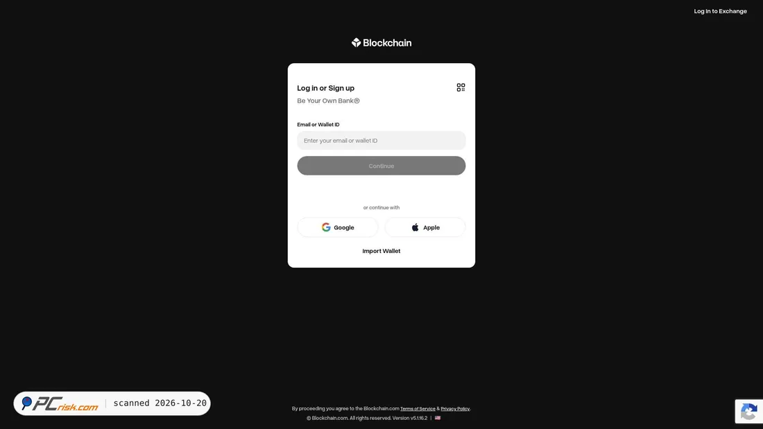 Captura de ecrã de login.blockchain.com
