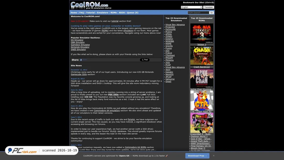 Screenshot von m.coolrom.com