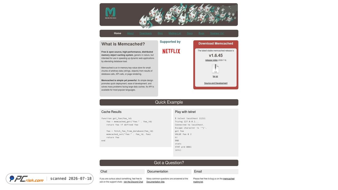 Screenshot of memcached.org