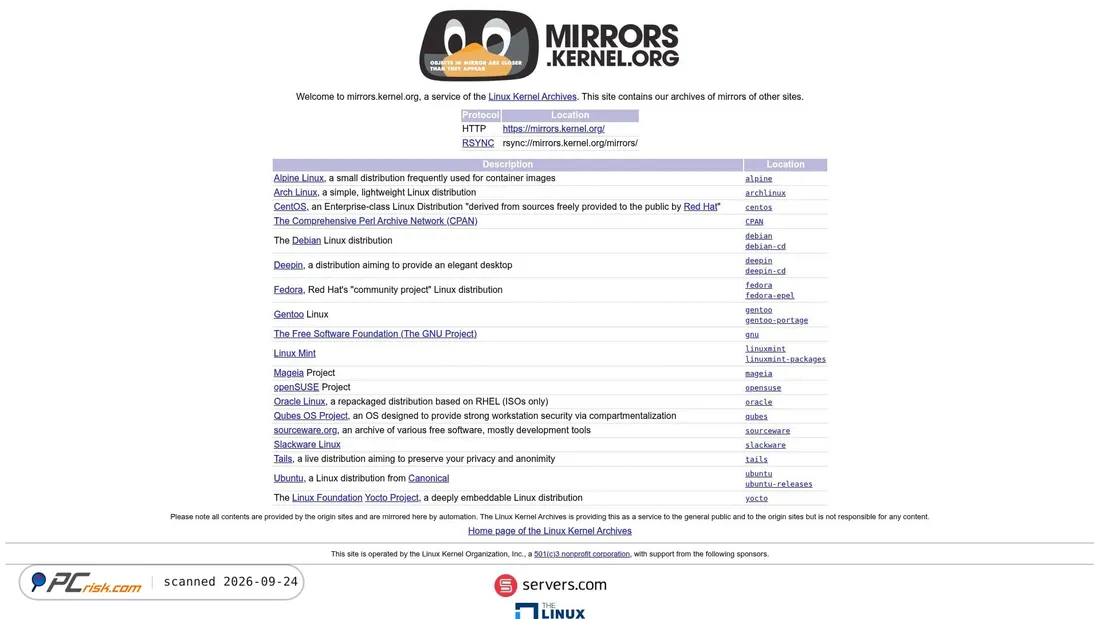 Captura de ecrã de mirrors.kernel.org