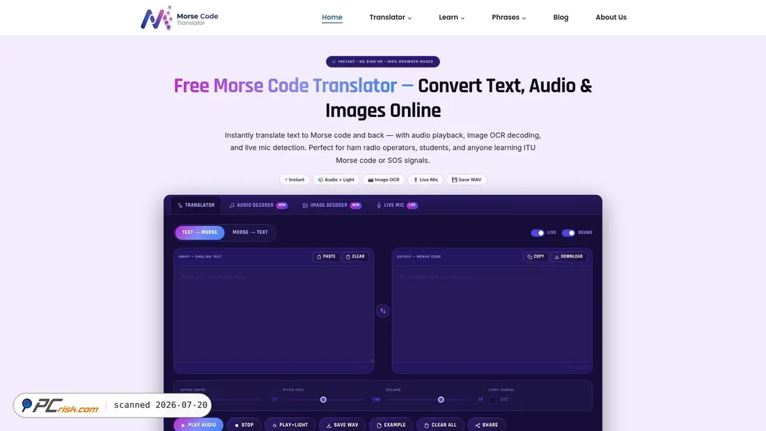 Screenshot of morsecodetrranslator.com