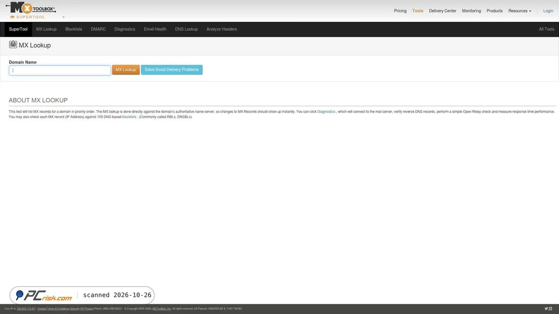 Capture d’écran de mxtoolbox.com