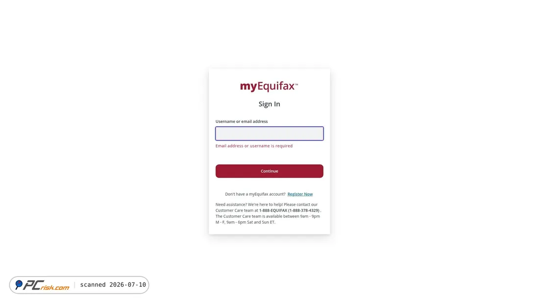 Screenshot of my.equifax.com