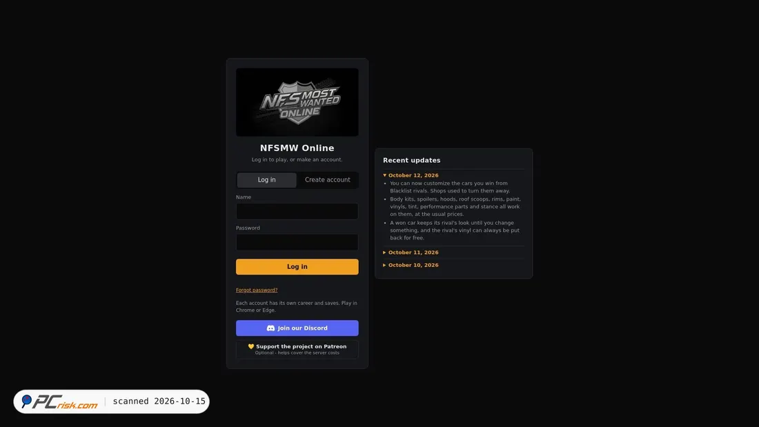 Captura de ecrã de nfsmwonline.com