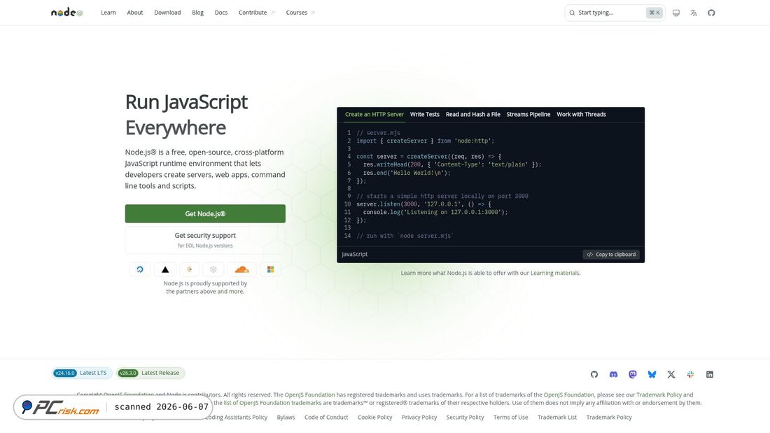 Screenshot of nodejs.org