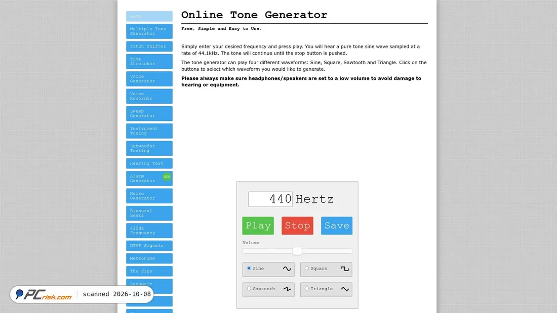 Screenshot of onlinetonegenerator.com