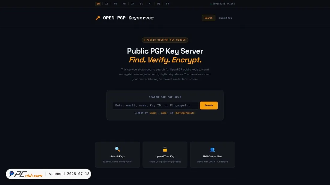 Screenshot of openpgpkeyserver.com