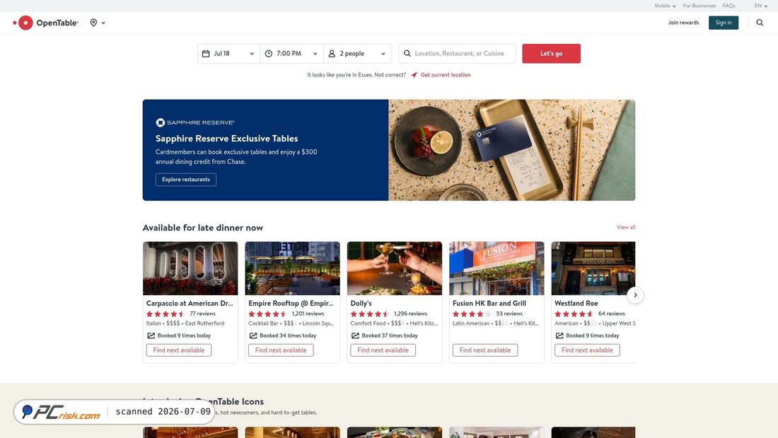 Screenshot of opentable.com