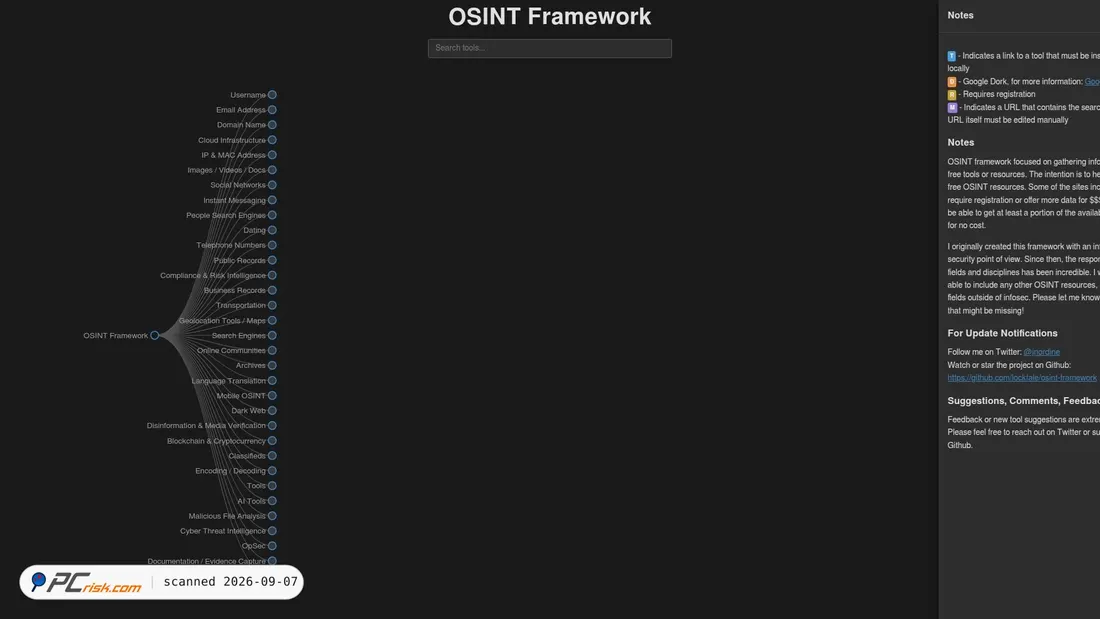 Zrzut ekranu osintframework.com