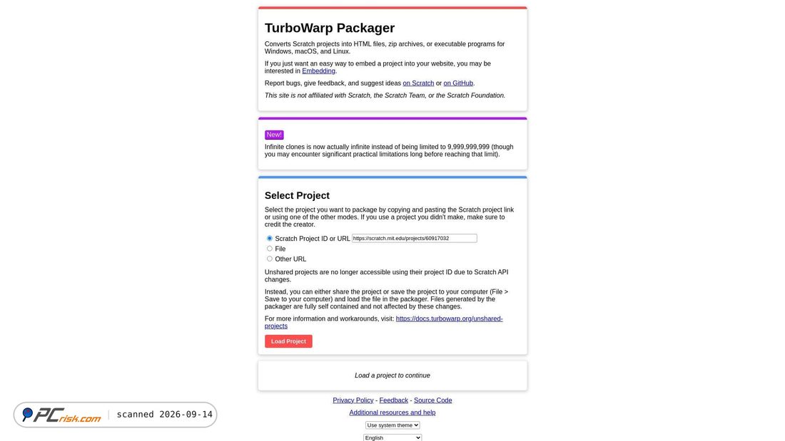 Captura de ecrã de packager.turbowarp.org