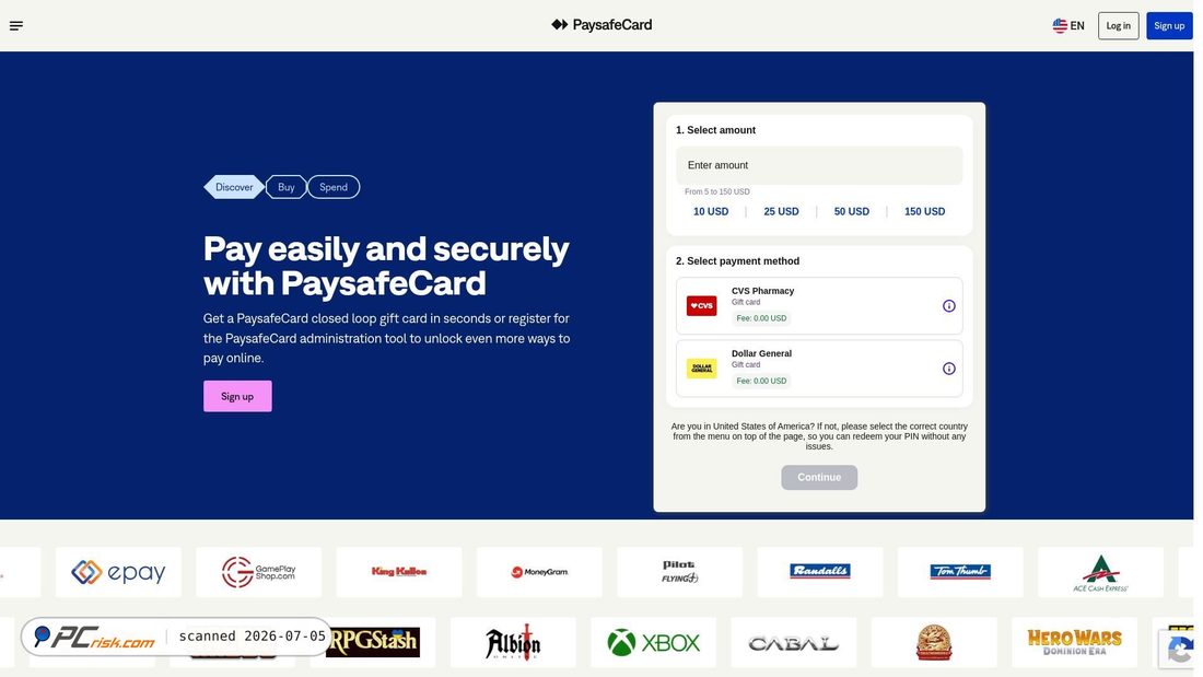 Screenshot of paysafecard.com